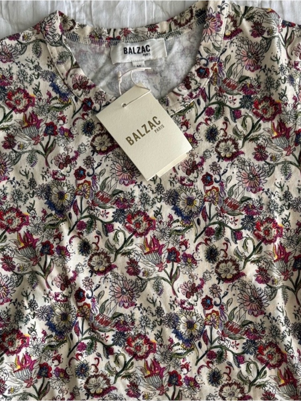 Balzac Paris Floral Short Sleeve Cream Dress with Pink & Green Accents. - Picture 2 of 2